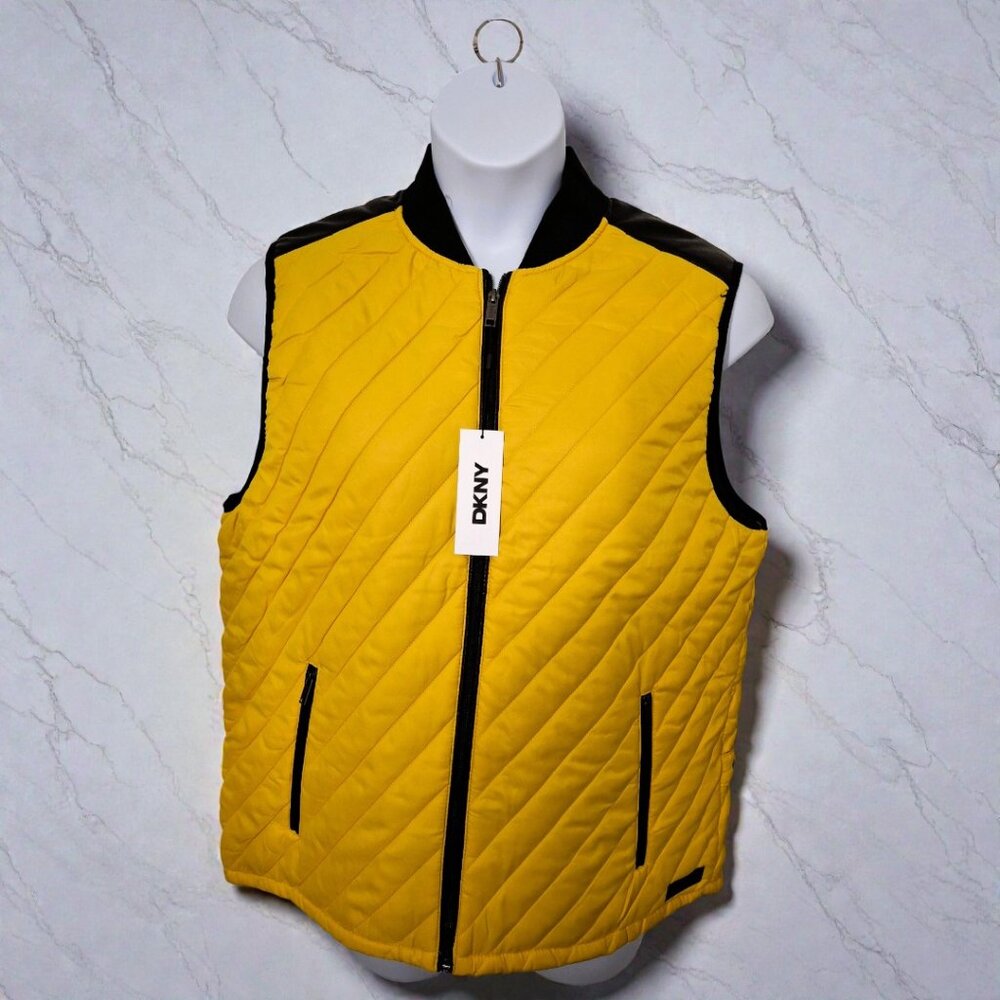 DKNY Men’s Large (42-44) Yellow Virgil Channel Quilted Vest w/ Black Trim
